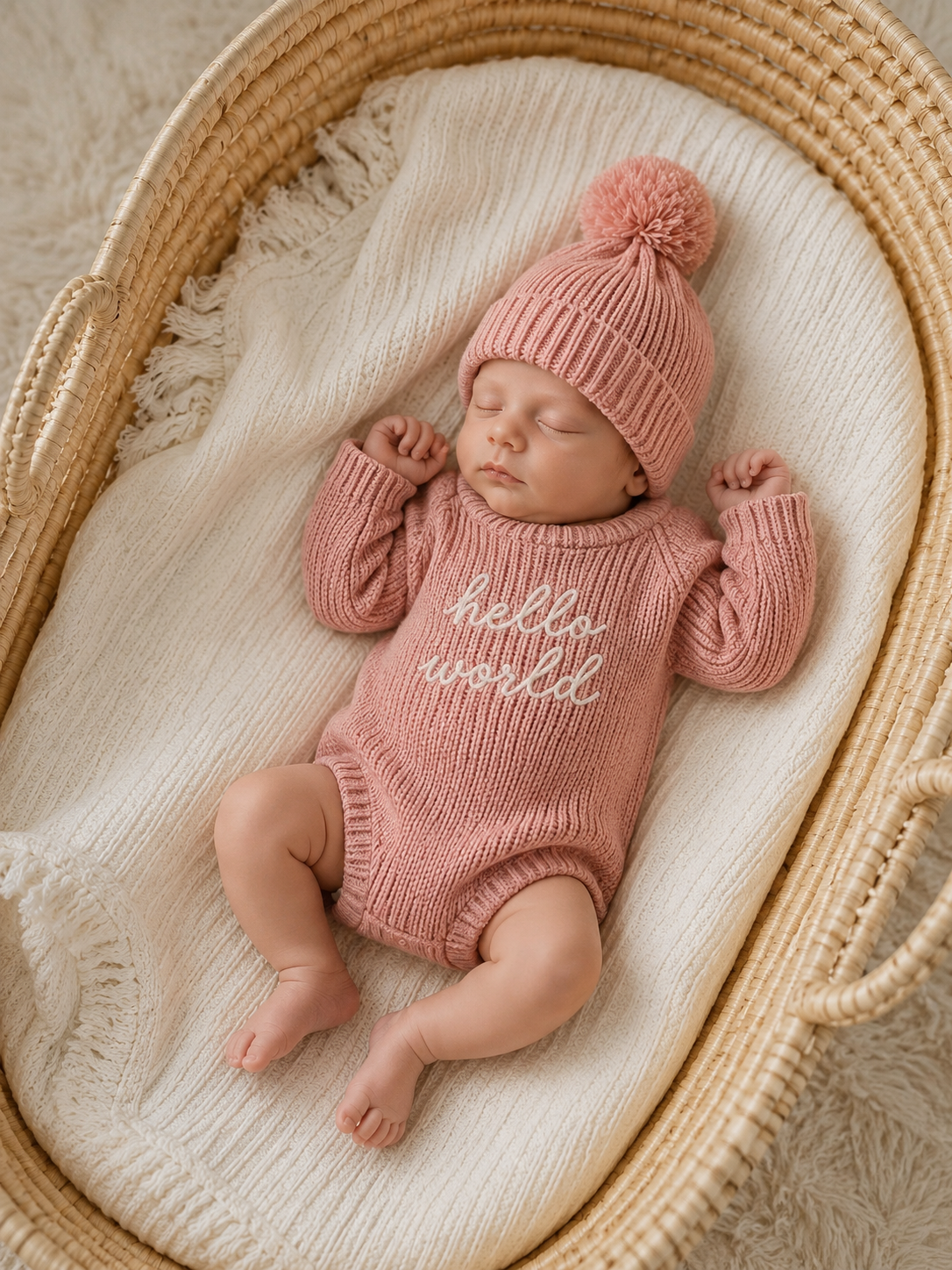 Hello World Knitted Romper Set- Pink
