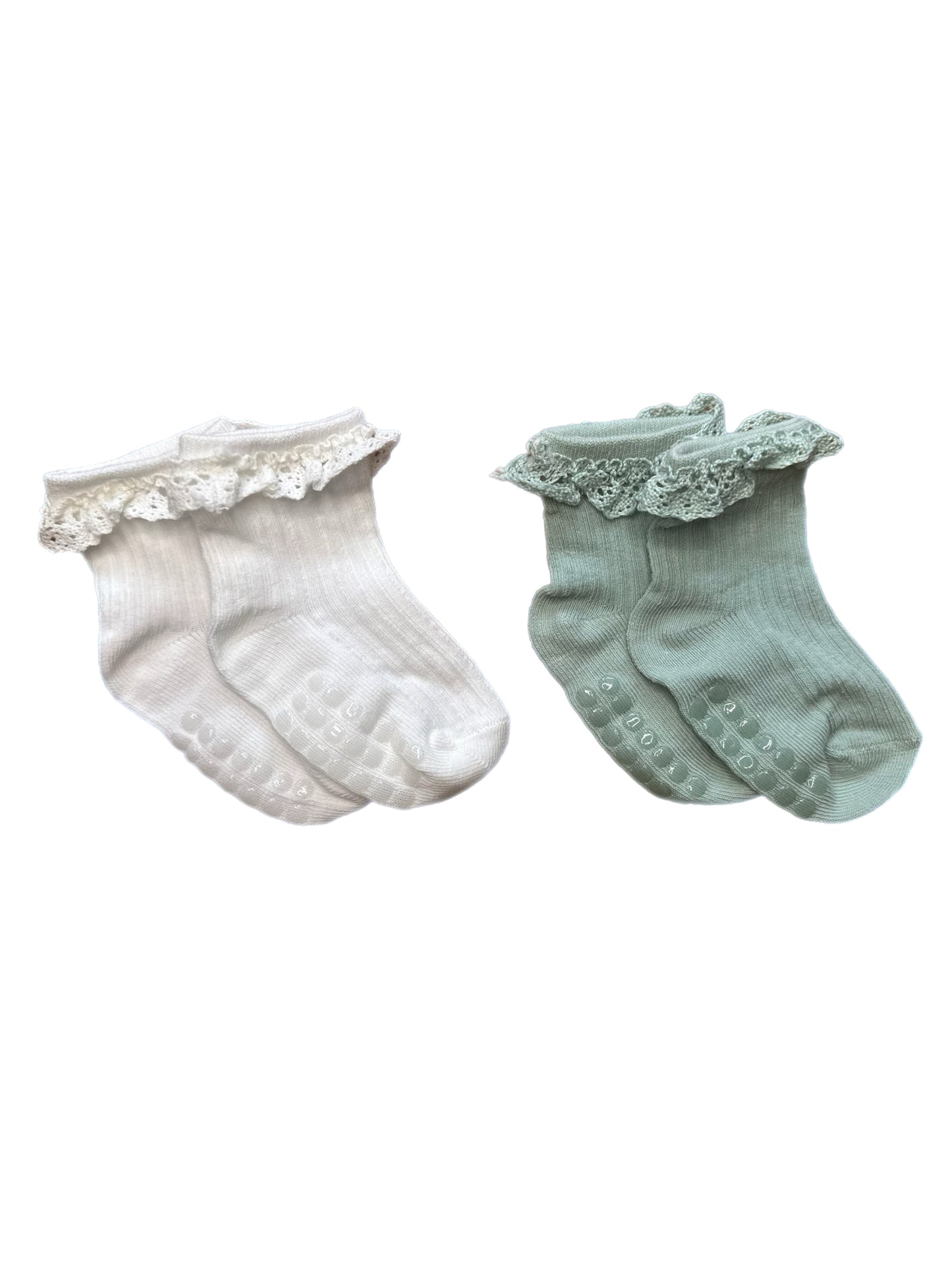 Frilly Cotton Socks- White and Sage