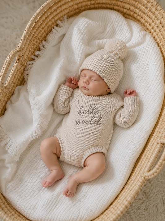 Hello World Knitted Romper Set- Beige