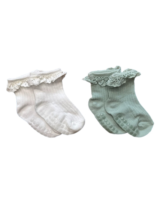Frilly Cotton Socks- White and Sage